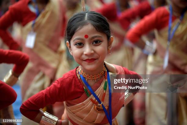 Girls perform traditional dance at a Bihu Dance workshop, ahead of Rongali Bihu festival in Guwahati, Assam, India on Sunday, 10 April 2022. Rongali...