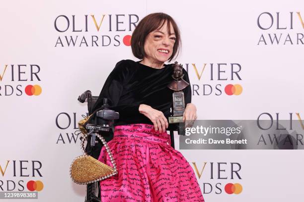 Liz Carr, winner of the Best Actress in a Supporting Role award for "The Normal Heart", poses in the Winners Room at The Olivier Awards 2022 with...