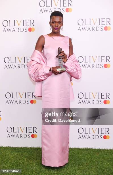 Sheila Atim, winner of the Best Actress award for "Constellations", poses in the Winners Room at The Olivier Awards 2022 with MasterCard at Royal...