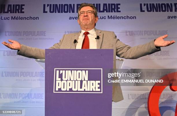 French leftist party La France Insoumise presidential candidate Jean-Luc Melenchon reacts as he addresses party supporters at Cirque D'Hiver in Paris...