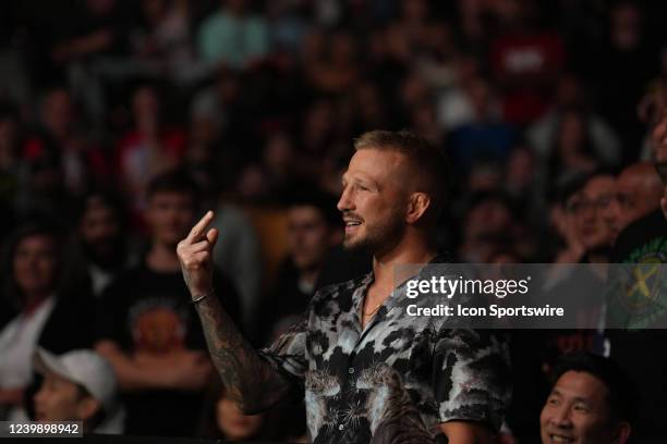 Tj Dillashaw reacts after Aljamain Sterling challenge him to the next fight during the UFC 273 event on April 9 at Vystar Memorial Arena in...