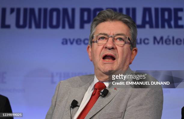 French leftist party La France Insoumise presidential candidate Jean-Luc Melenchon addresses party supporters at Cirque D'Hiver in Paris on April 10,...