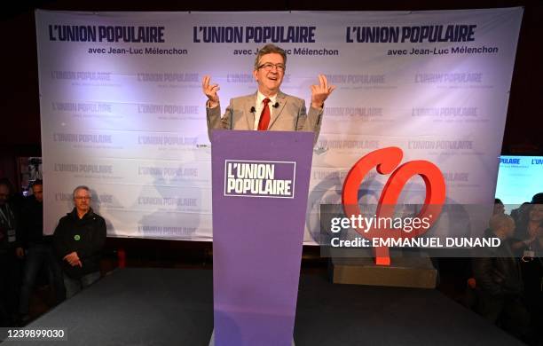 French leftist party La France Insoumise presidential candidate Jean-Luc Melenchon addresses party supporters at Cirque D'Hiver in Paris on April 10,...