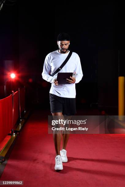 Timothe Luwawu-Cabarrot of the Atlanta Hawks arrives to the arena before the game against the Houston Rockets on April 10, 2022 at the Toyota Center...