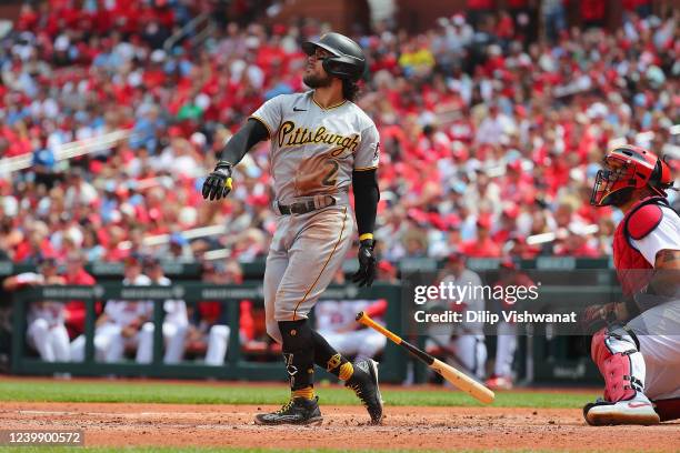 Michael Chavis of the Pittsburgh Pirates hits a grand slam against the St. Louis Cardinals in the third inning at Busch Stadium on April 10, 2022 in...