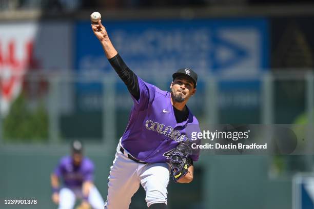 Antonio Senzatela of the Colorado Rockies pitches against the Los Angeles Dodgers in the first inning of a game at Coors Field on April 10, 2022 in...