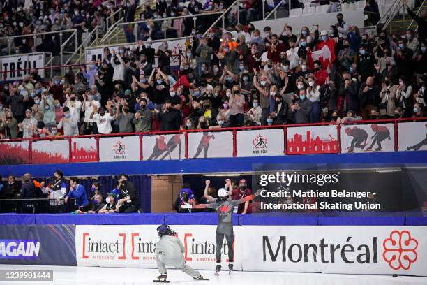 Pascal Dion of Canada celebrates after winning the 3000m super final at the World Short Track Speed Skating Championships at Maurice Richard Arena on...