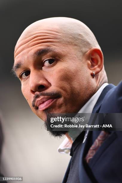 Nigel de Jong presenting during the Premier League match between Manchester City and Liverpool at Etihad Stadium on April 10, 2022 in Manchester,...