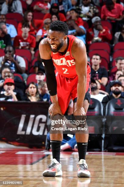 David Nwaba of the Houston Rockets smiles during the game against the Atlanta Hawks on April 10, 2022 at the Toyota Center in Houston, Texas. NOTE TO...