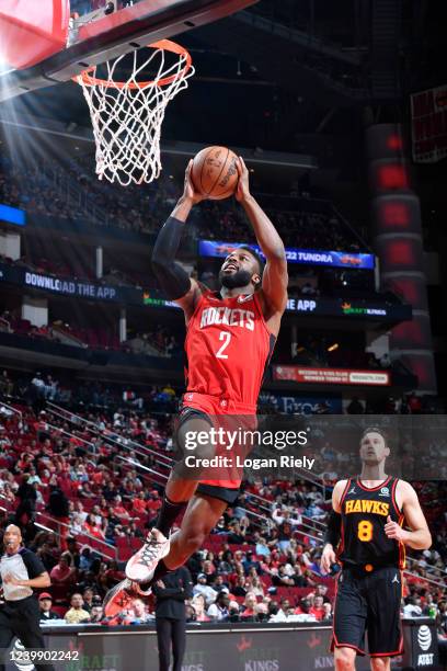 David Nwaba of the Houston Rockets drives to the basket during the game against the Atlanta Hawks on April 10, 2022 at the Toyota Center in Houston,...