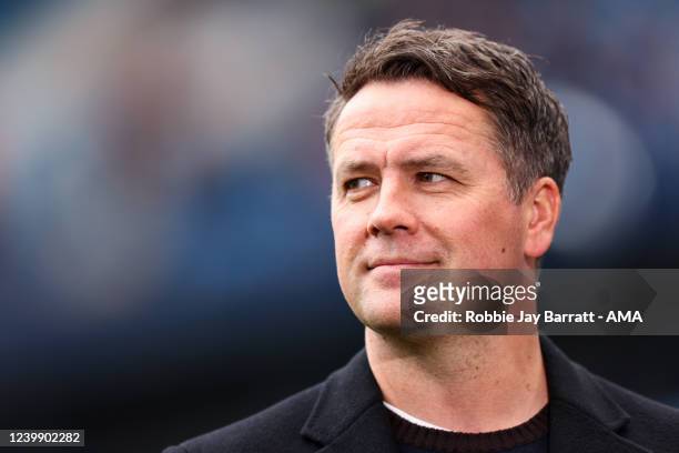 Michael Owen presenting during the Premier League match between Manchester City and Liverpool at Etihad Stadium on April 10, 2022 in Manchester,...