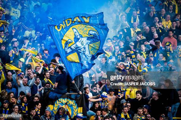 Union's supporters pictured during a soccer match between Royale Union Saint-Gilloise and Beerschot VA, Sunday 10 April 2022 in Brussels, on day 34...