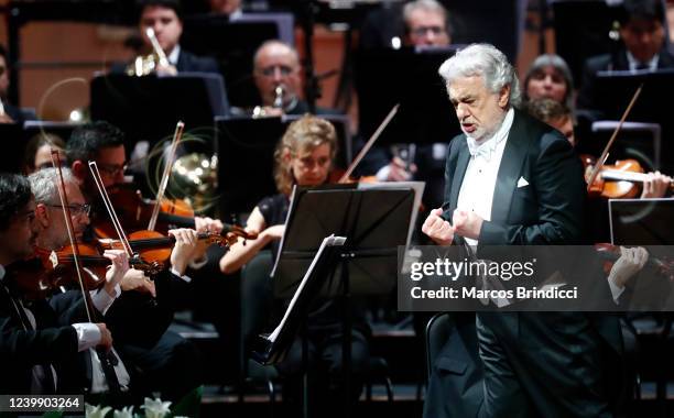 Placido Domingo performs during a concert at Teatro Colon on April 10, 2022 in Buenos Aires, Argentina. The event, which seeks to raise funds to...