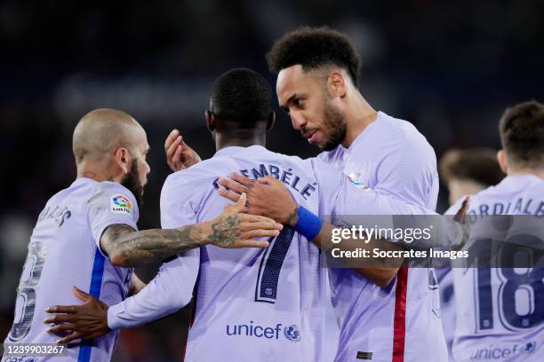 Pierre Emerick Aubameyang of FC Barcelona celebrates with Dani Alves of FC Barcelona, Ousmane Dembele of FC Barcelona during the La Liga Santander...