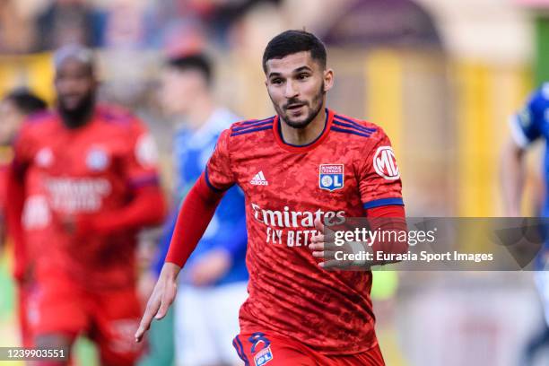 Houssem Aouar of Lyon runs in the field during the Ligue 1 Uber Eats match between RC Strasbourg and Olympique Lyonnais at Stade de la Meinau on...