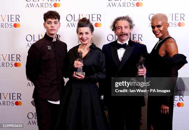 Cabaret co-stars Liza Sadovy and Elliot Levey in the press room with presenters Max Harwood and Layton Williams after winning the awards for Best...