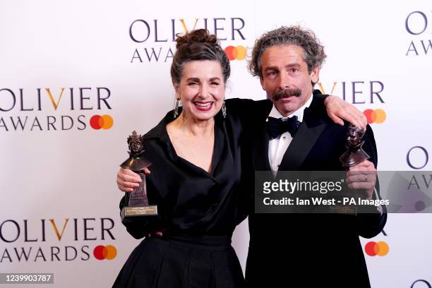 Cabaret co-stars Liza Sadovy and Elliot Levey in the press room after winning their awards for Best Actor and Actress in a Supporting Role in a...