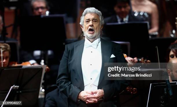 Placido Domingo performs during a concert at Teatro Colon on April 10, 2022 in Buenos Aires, Argentina. The event, which seeks to raise funds to...