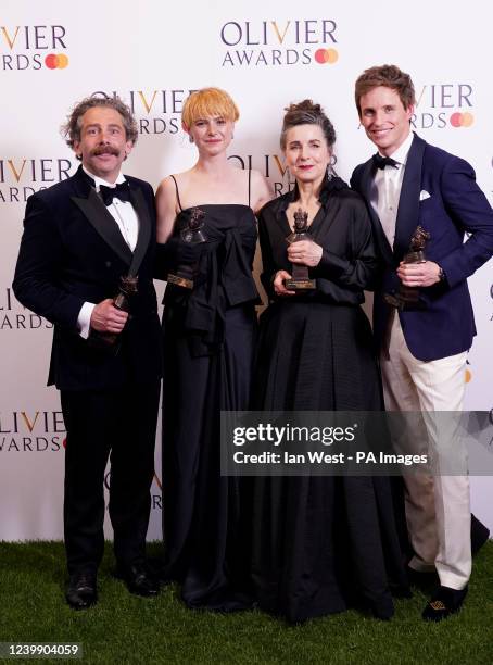 Cabaret co-stars Elliot Levey , Jessie Buckley, Liza Sadov and Eddie Redmayne in the press room after winning their awards for Best Actor and Actress...