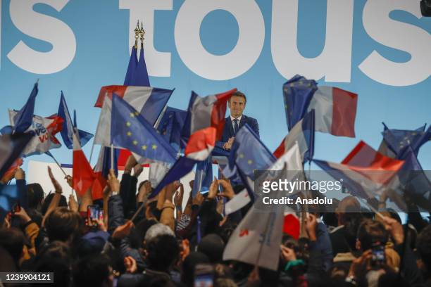 Emmanuel Macron makes a speech as he celebrates his qualification for the second round during Election evening of the first round of the presidential...