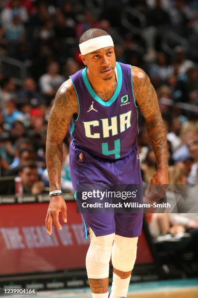 Isaiah Thomas of the Charlotte Hornets looks on during the game against the Washington Wizards on April 10, 2022 at Spectrum Center in Charlotte,...