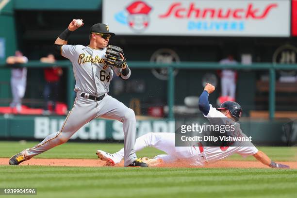 Diego Castillo of the Pittsburgh Pirates turns a double play over Dylan Carlson of the St. Louis Cardinals in the fifth inning at Busch Stadium on...