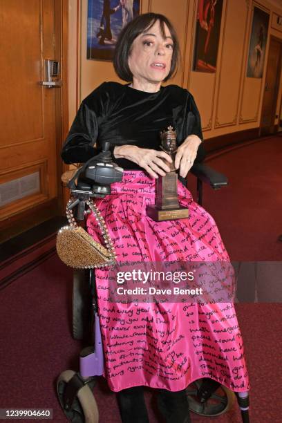 Liz Carr, winner of the Best Actress in a Supporting Role award for "The Normal Heart", poses backstage at The Olivier Awards 2022 with MasterCard at...