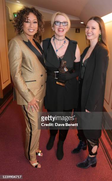 Tamara Tunie, Catherine Zuber, winner of the Best Costume Design award for "Moulin Rouge! The Musical", and Lydia Wilson pose backstage at The...