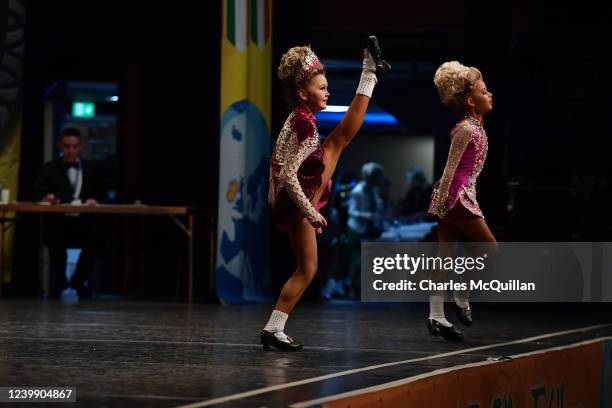 Dancers take to the competition stage during the opening day of the World Irish Dancing Championships at the Waterfront Hall on April 10, 2022 in...