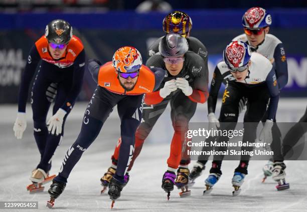 Team Korea, Team Canada and Team Netherlands skate during the 5000m relay at the World Short Track Speed Skating Championships at Maurice Richard...