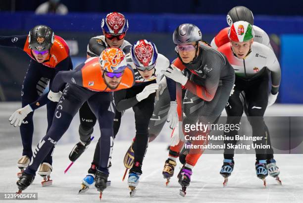 Team Hungary, Team Korea, Team Canada and Team Netherlands skate during the 5000m relay at the World Short Track Speed Skating Championships at...