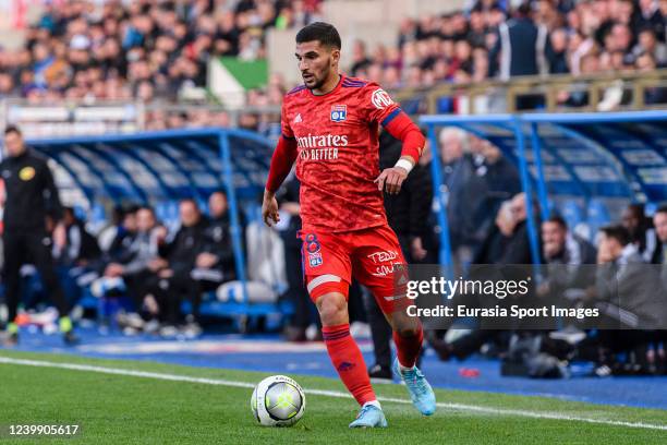 Houssem Aouar of Lyon controls the ball during the Ligue 1 Uber Eats match between RC Strasbourg and Olympique Lyonnais at Stade de la Meinau on...