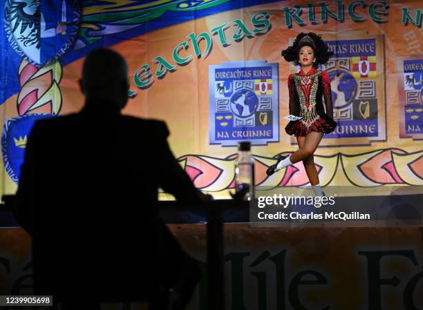 Judge watches a competitor during the opening day of the World Irish Dancing Championships at the Waterfront Hall on April 10, 2022 in Belfast,...