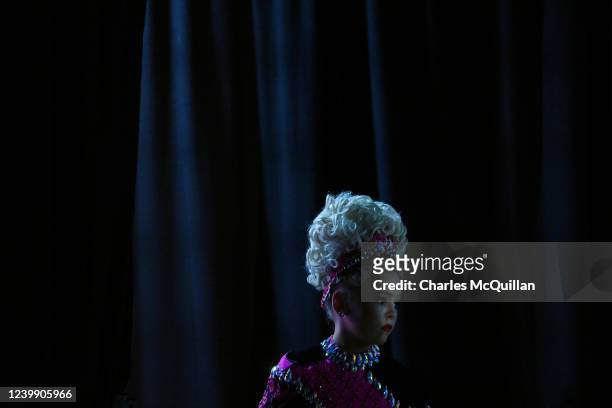Dancers await their call to the competition stage during the opening day of the World Irish Dancing Championships at the Waterfront Hall on April 10,...