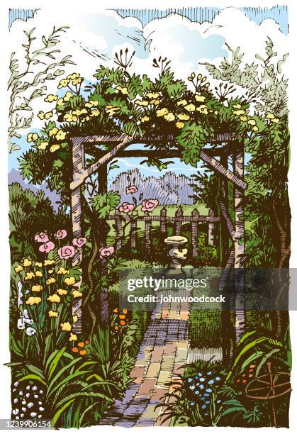 through the garden arch colour sketch - cottage stock illustrations