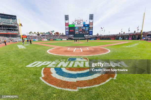 Oracle Park has its opening day color scheme before the MLB pro baseball game between the Miami Marlins and San Francisco Giants on April 10, 2022 at...