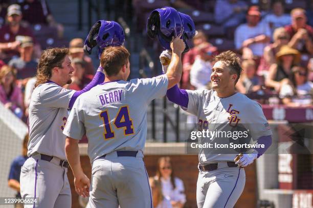 Tigers infielder Cade Doughty celebrates a homer during the game between the Mississippi State Bulldogs and the LSU Tigers on April 10, 2022 at Dudy...