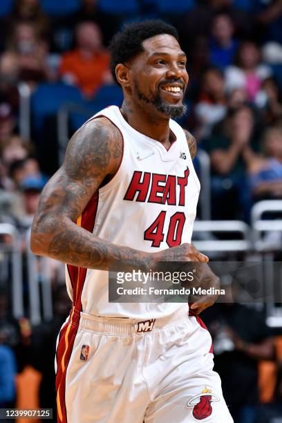 Udonis Haslem of the Miami Heat smiles during the game against the Orlando Magic on April 10, 2022 at Amway Center in Orlando, Florida. NOTE TO USER:...