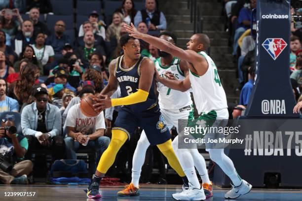 Xavier Tillman Sr. #2 of the Memphis Grizzlies dribbles the ball during the game against the Boston Celtics on April 10, 2022 at FedExForum in...
