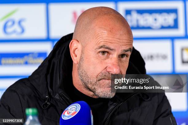 Olympique Lyon Head Coach Peter Bosz talks during the press conference after the Ligue 1 Uber Eats match between RC Strasbourg and Olympique Lyonnais...