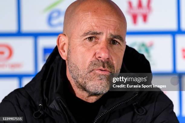 Olympique Lyon Head Coach Peter Bosz talks during the press conference after the Ligue 1 Uber Eats match between RC Strasbourg and Olympique Lyonnais...