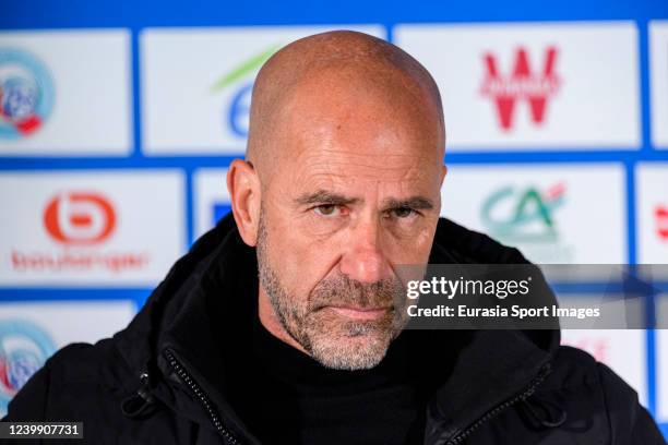 Olympique Lyon Head Coach Peter Bosz talks during the press conference after the Ligue 1 Uber Eats match between RC Strasbourg and Olympique Lyonnais...