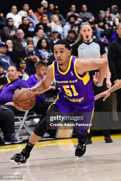 Tremont Waters of the South Bay Lakers drives to the basket during the game against the Santa Cruz Warriors on April 05, 2022 at UCLA Heath Training...