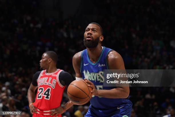 Greg Monroe of the Minnesota Timberwolves prepares to shoot a free throw during the game against the Chicago Bulls on April 10, 2022 at Target Center...