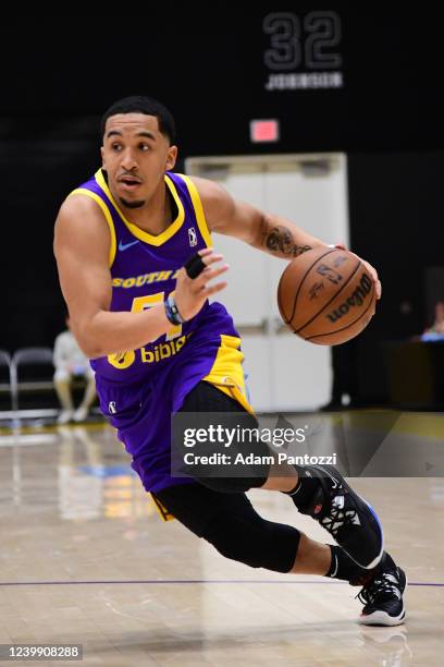 Tremont Waters of the South Bay Lakers drives to the basket during the game against the Santa Cruz Warriors on April 05, 2022 at UCLA Heath Training...