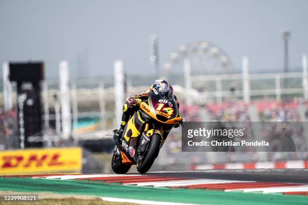 Tony Arbolino of Italy races during the Red Bull Grand Prix of the Americas - Moto 2 Race at Circuit of The Americas on April 10, 2022 in Austin,...