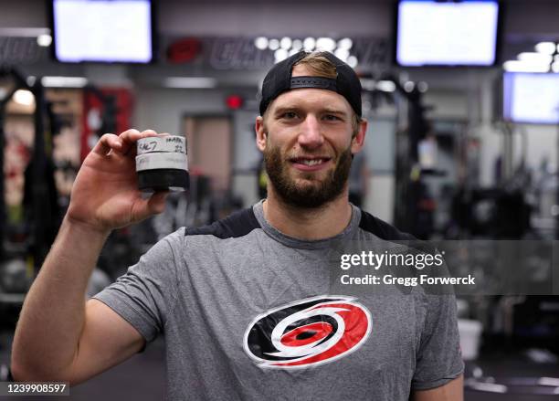 Jordan Staal records his first hat trick as a Carolina Hurricane during an NHL game against the Anaheim Ducks on April 10, 2022 at PNC Arena in...