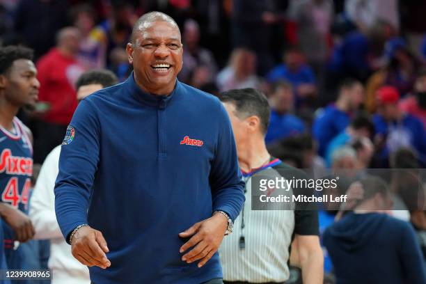 Head coach Doc Rivers of the Philadelphia 76ers smiles during the game against the Detroit Pistons in the second half at the Wells Fargo Center on...