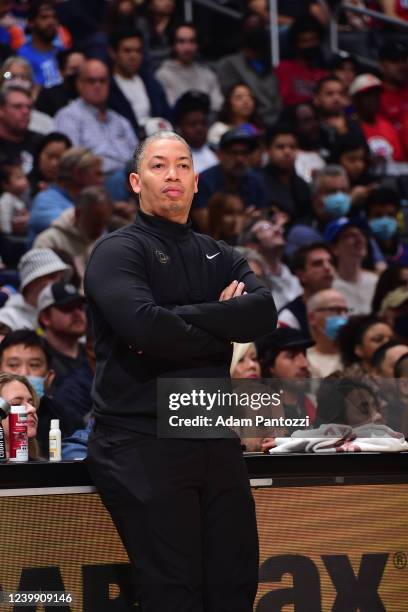 APRIl 10: Head Coach Tyronn Lue of the LA Clippers looks on during the game against the Oklahoma City Thunder on April 10, 2022 at Crypto.Com Arena...