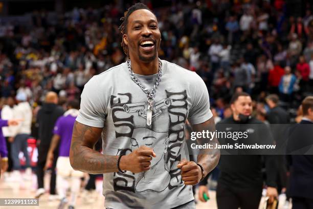Dwight Howard of the Los Angeles Lakers celebrates their victory over the Denver Nuggets at Ball Arena on April 10, 2022 in Denver, Colorado. NOTE TO...